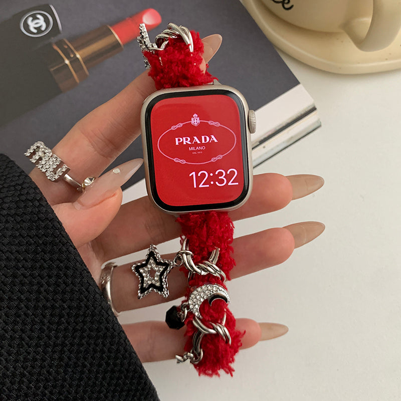 For Apple Watch Series 9 8 7 41mm / SE (2023) SE (2022) SE 6 5 4 40mm / 3 2 1 38mm Plush Watch Band with Pendants - Red / Butterfly For Apple Watch Series 9 8 7 41mm / SE (2023) SE (2022) SE 6 5 4 40mm / 3 2 1 38mm Plush Watch Band with Pendants - Red / Butterfly